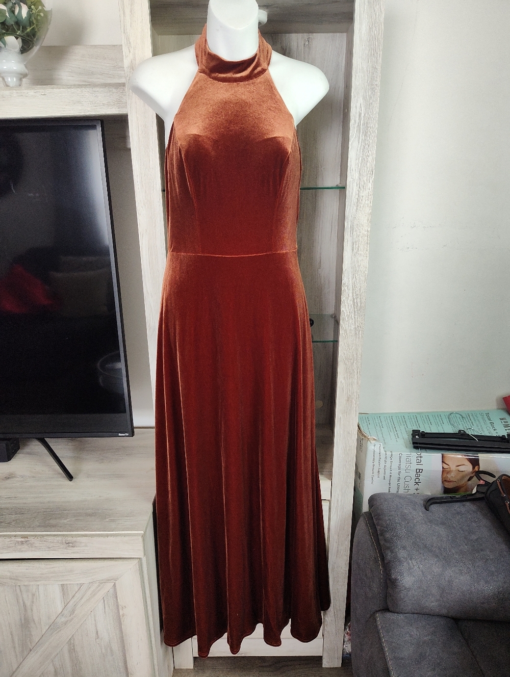 Revelry Halter Velvet Maxi Dress in Rust SZ 6 Good Condition